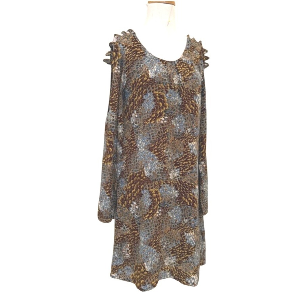 What Goes Around Comes Around Silk Dress Feather Print Cold Shoulder Size S